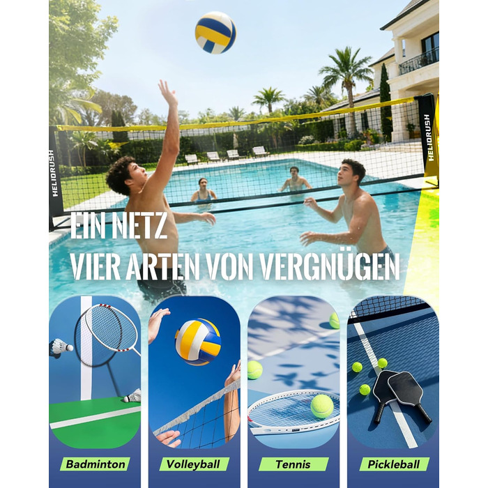 Мережа для бадмінтону та волейболу з регульованою висотою (3/4/5м) для саду, пляжу, басейну. Сталевий каркас, HDPE сітка. Чорно-жовта, 400 см