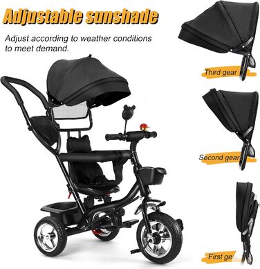 Триколісний велосипед для малюків 5 в 1, росте разом з дитиною, велосипед-коляска, поворотний сидіння 360°, штовхач, знімний капюшон, ремінь безпеки 3-точ., кошик, 1-5 років (5 в 1), чорний