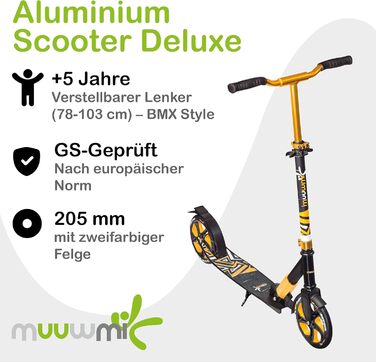 Самокат трюковий muuwmi Aluminium Scooter Deluxe 205мм ABEC 7, регульована висота, для дітей та дорослих, чорно-золотий