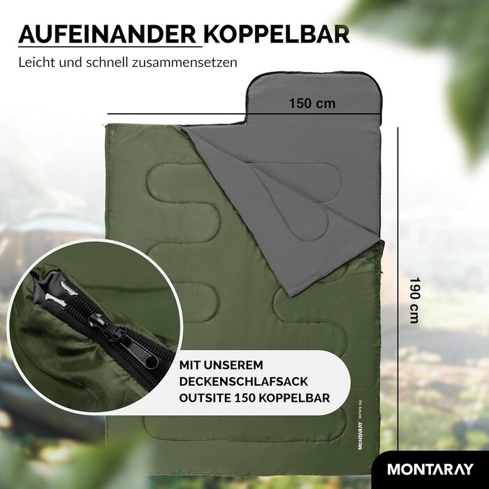 Спальний мішок для кемпінгу з капюшоном до -3°C з подушкою - зимовий та літній спальний мішок на 3-4 сезони (75 x 220 см) - для жінок та чоловіків (теплий) Зелений 280GSM