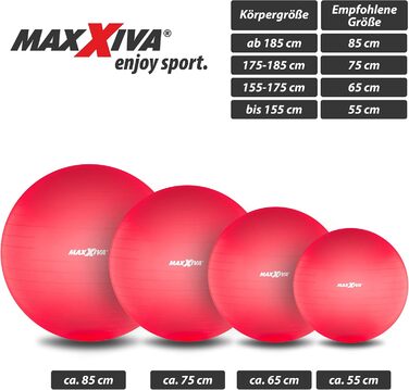 Фітнес-м'яч MAXXIVA 85 см червоний, анти-вибуховий, з насосом, для йоги, пілатесу, реабілітації та фітнесу, до 250 кг, гіпоалергенний