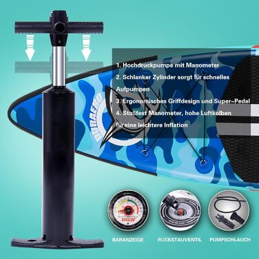 Надувне SUP-борд (Stand Up Paddle Board) з кріпленням для камери, 330x76x15 см, до 150 кг, насос, рюкзак (камуфляж, синій)