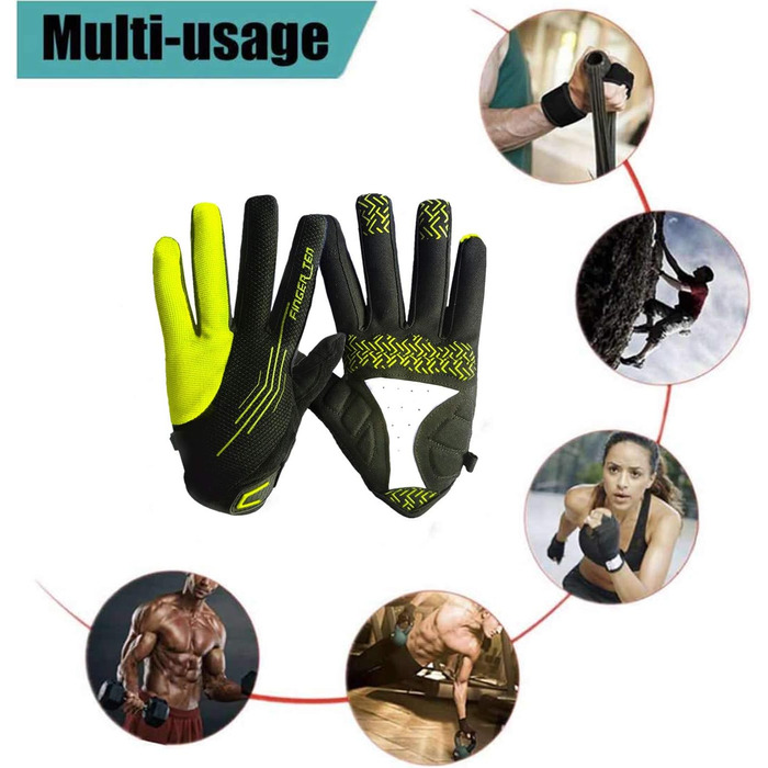 Велосипедні рукавички FINGER TEN для чоловіків, MTB рукавички з гелевою амортизацією, захист від ковзання, походи, гірський велосипед, унісекс, зелені, повні пальці