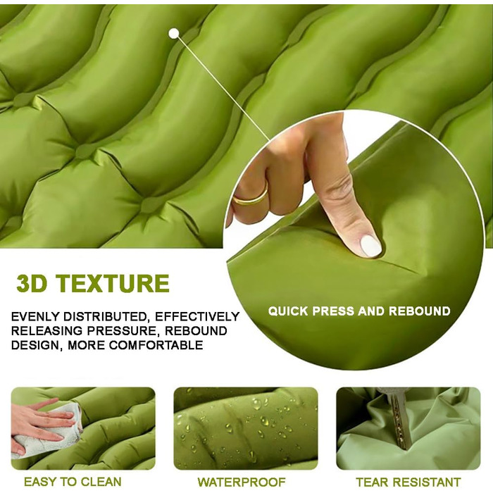 Саморозкладаний килимок для кемпінгу YuanDiann 200x140 см на 2 особи, армійний зелений, з помпою та подушкою