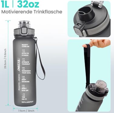 Спортивна пляшка для води 1л з 2-в-1 отвором | Трубочка та пряме пиття | Без BPA, Tritan, витокозахисна | Для спорту, фітнесу, роботи, велоспорту, піших прогулянок, подорожей