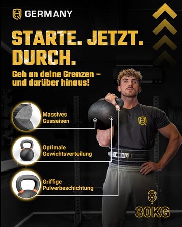 Кетлбел HQ Germany® з порошковим покриттям [2-32кг/Набори] - Набір чавунних кетлбелів преміум-якості з точністю ±2% - Кульова гиря, набір гир, кетл-бел, високоякісні кетлбели з порошковим покриттям (30кг)