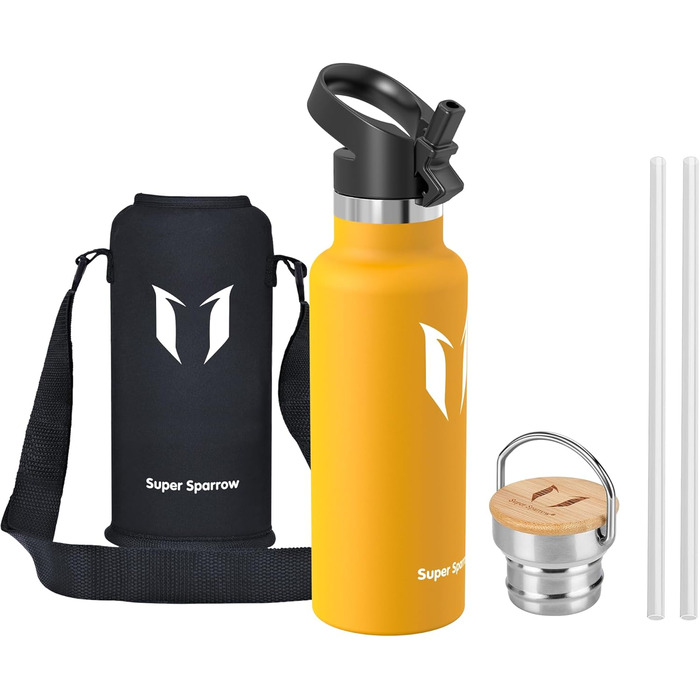 Термос-пляшка Super Sparrow з нержавіючої сталі - 350мл/500мл/620мл/750мл/1л - Без витоку, BPA-Free - Пляшка для води, термопляшка для дітей, для газованої води, спорту, школи, фітнесу - з 2 кришками (500мл, Mango)