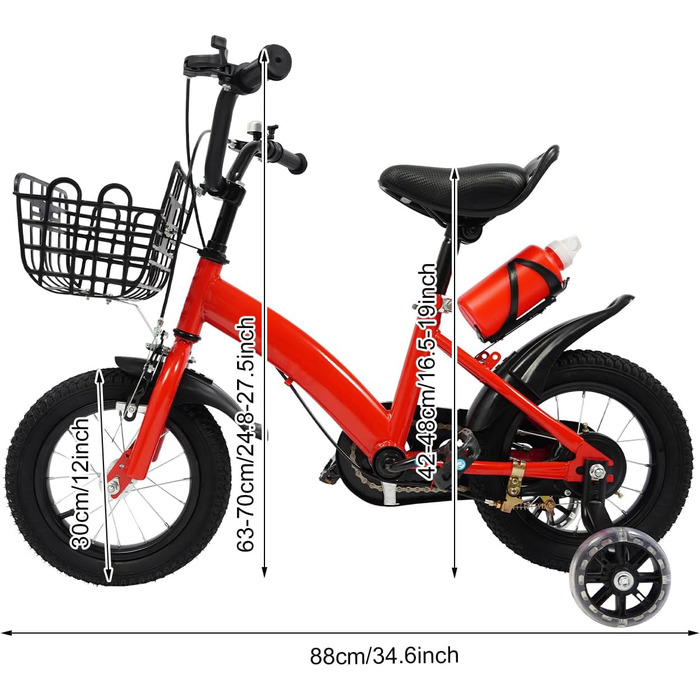 Дитяче велосипед 12 дюймів, для дітей 2-5 років з бічними колесами, тренувальний велосипед з пляшкою та кошиком, велосипед для дівчаток та хлопчиків, регульована висота, червоний