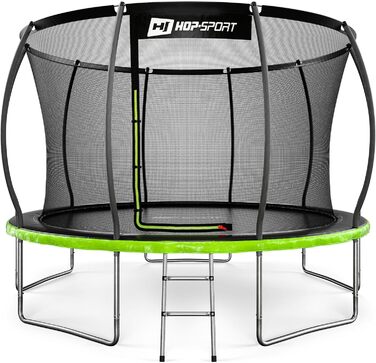 Трамплін Hop-Sport Outdoor – діаметр 244/305/366/427/488 см. Комплект з захисним сіткою, вигнутими ніжками та сертифікатами безпеки. У комплекті: сходи та захисний бордюр (для моделі 366 см)
