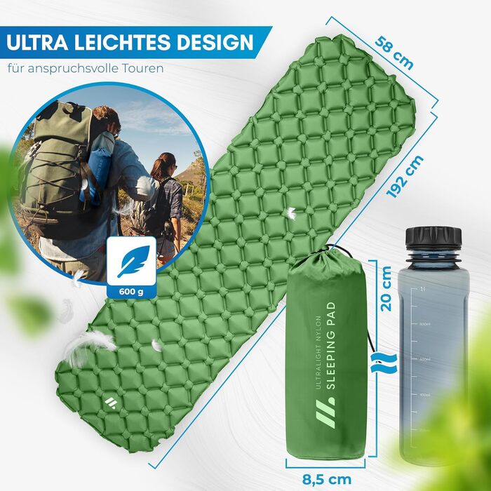 Килимок для кемпінгу NORDMUT® Ultraleicht з набором для ремонту - Надувний килимок для кемпінгу, водонепроникний для відпочинку на природі, у наметі та на фестивалях (Зелений)