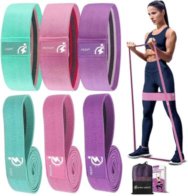 Еластичні гумки для фітнесу, набір 6 шт. (3 гумки для сідниць, 3 петлеві гумки для ніг, сідниць, стегон) для занять у залі, вдома, пілатесу, йоги (зелений, рожевий, фіолетовий)