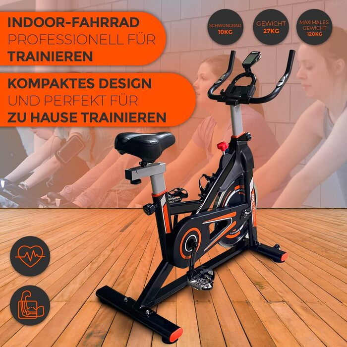 Велотренажер Bonplus BP - Indoor Fitness Bike з регулюванням навантаження та пульсометром, висота сидіння 76-98 см, маховик 10 кг