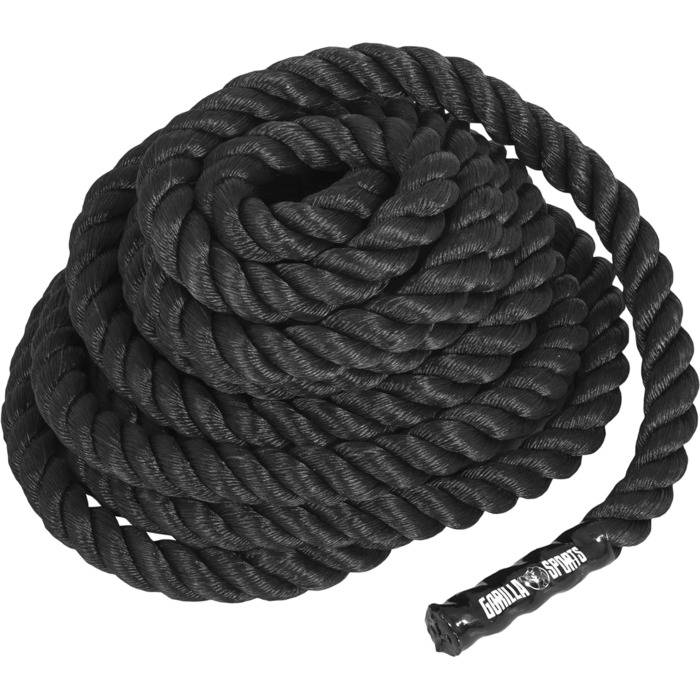 GORILLA SPORTS® Батл-канат 15 м, 38/50 мм, неслизькі ручки, нейлон, чорний – тренувальний канат для фітнесу, кросфіту, батл-роуп, для залу та спорту