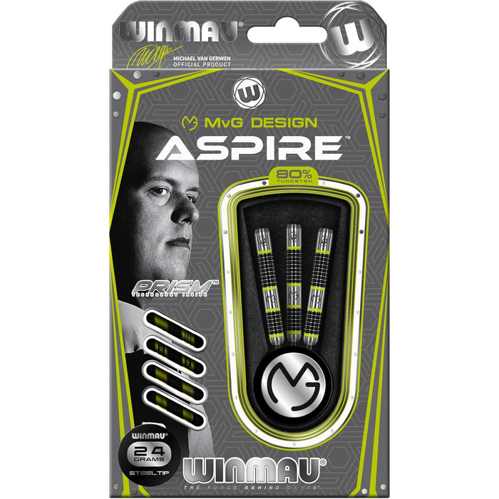 Дротики WINMAU Michael Van Gerwen MvG Aspire 24 г, вольфрамові, стальні наконечники, з призматичними крилами та нейлоновими держателями