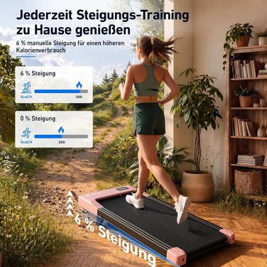 Дорожній тренажер DeerRun Walking Pad з нахилом 6%, компактна бігова доріжка під стіл для дому та офісу, з LED-дисплеєм, пультом та підтримкою App, до 136 кг, Рожевий