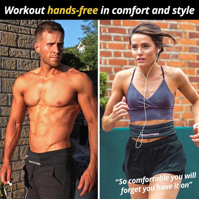 Сумка-пояс для бігу та фітнесу Build & Fitness з регульованим поясом, тримачем для ключів, чорна (60-122 см)