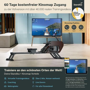 Гребний тренажер Skandika Nemo III Hybrid з водним та магнітним опором | 32 рівня електроніки, 15 програм, до 200 см, сумісний з додатком, дерев'яний | Фітнес-обладнання для дому