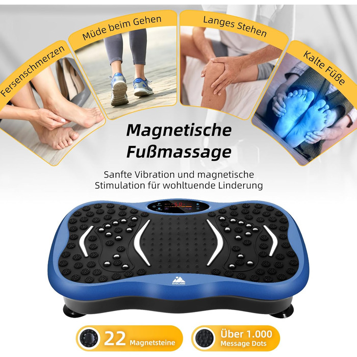 Вібраційна платформа EVOLAND з 5 програмами тренувань, Bluetooth, стрічки опору для всього тіла (Синій)