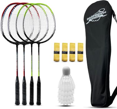 Набір для бадмінтону Magicorange 4 шт. для ігор на вулиці, включає 4 ракетки, 4 волани, 4 запасні намотки та 1 сумка. Червоний та зелений колір