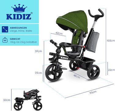 Дитяче триколісне велосипед KIDIZ 6in1 з батьківською ручкою, корзиною та сонцезахистом. Підходить для дітей від 9 місяців. Можливість руху вперед та назад. Сірий (Хакі)