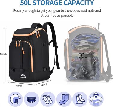 Чохол для лиж чорного кольору, терморюкзак, 50 л, водонепроникний. Підходить для сноуборду, лижного спорядження, шолому, маски, рукавичок, аксесуарів. Для підлітків та чоловіків. Оранжево-чорний колір.