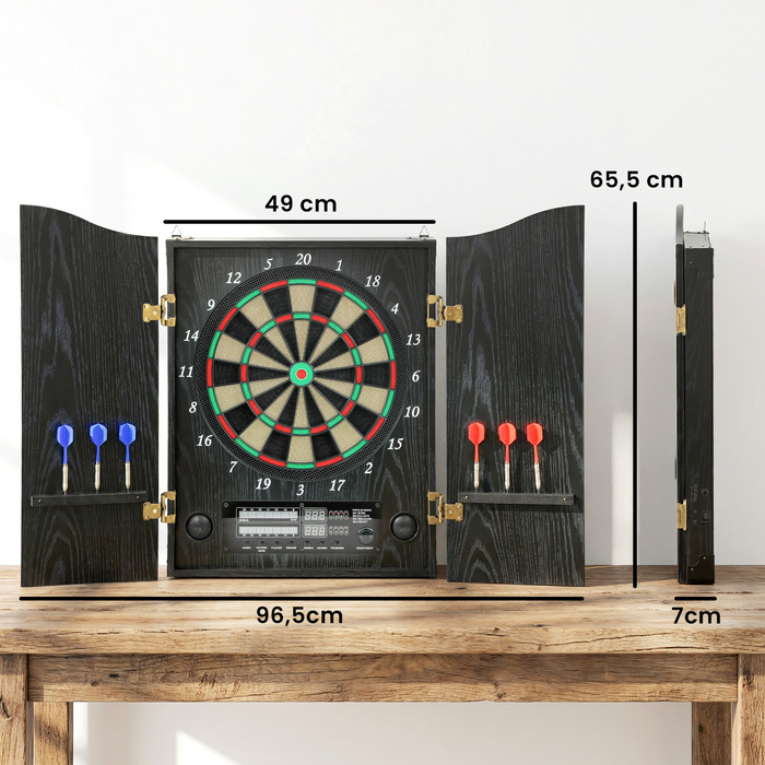 Електронна дартс-дошка E Dartboard з дверцятами, що імітують дерево, LED-дисплеєм, голосовими підказками, 6 дротиками та 24 запасними наконечниками.
