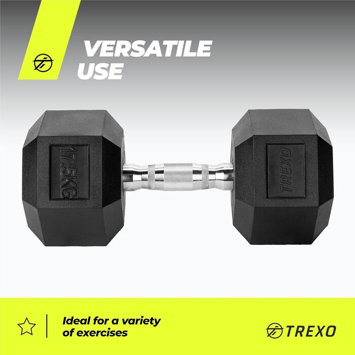 Гантеля TREXO Hex 17,5 кг, гексагональна, гумована, чавунна, для силових тренувань вдома, ергономічна ручка, міцна, універсальна