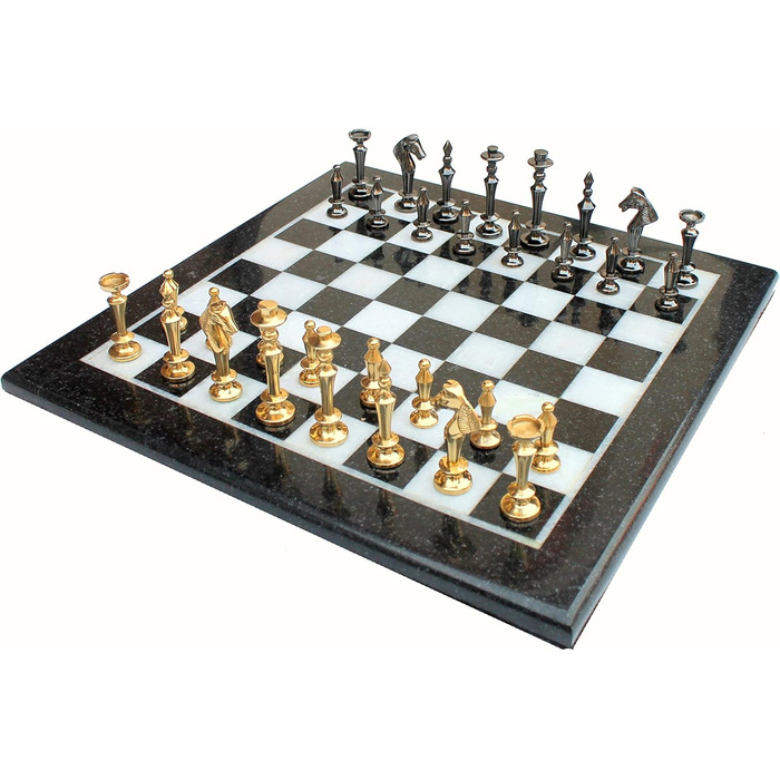 Шаховий набір StonKraft з чорного та білого мармуру з фігурами з латуні – декоративний шаховий набір для дому