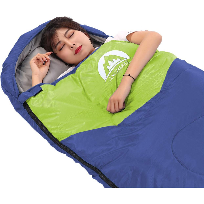 Сплячий мішок SWTMERRY для 3-4 сезони (літо, весна, осінь, зима) - теплий та легкий. Підходить для дорослих та підлітків, для походів, кемпінгу та рюкзаків. (односпальний, блакитний/зелений)