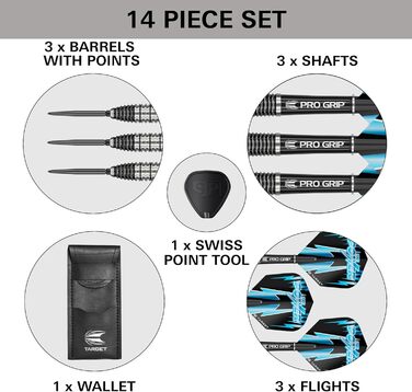 Дарти сталеві Target Darts Phil Taylor Power 8-Zero (80% вольфрам, 22/24/26г) + Swiss Point наконечники, Pro Grip шафти, No.6 пір'я