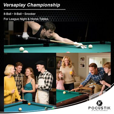 Набір для більярду Pocustik: 2 шт. кийки, канадський клен, 147.3 см, ергономічні, для дому, синій/фіолетовий або чорний/червоний