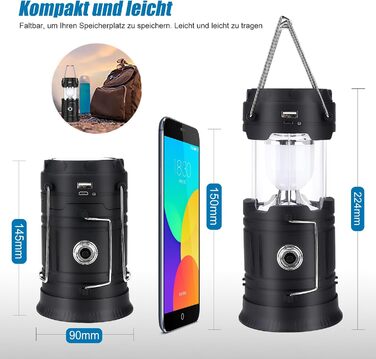 Сонячна кемпінгова лампа EXTRASTAR: LED ліхтар 5W, 2-в-1 (ліхтар + ліхтар для намету), USB/Сонячна/Акумуляторна, водонепроникна, для відпочинку на природі, риболовлі, кемпінгу та походів