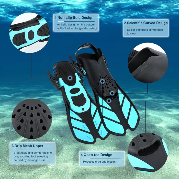 Ласти для плавання Schnorchelflossen S/M (37-41) Cyan: професійні ласти для снорклінгу та дайвінгу з регульованим ремінцем, PP+TPR