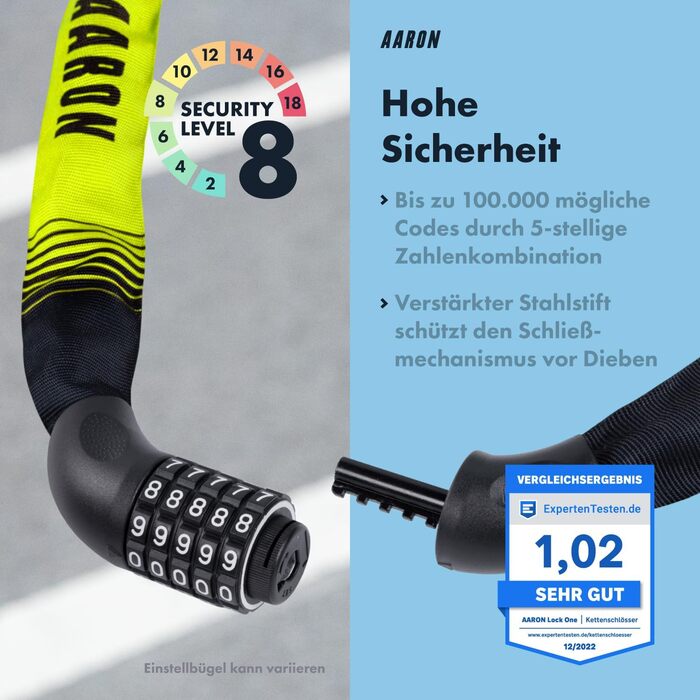 Замок для велосипеда AARON Lock One з 5-значним кодом, сталевий ланцюговий замок, високий рівень захисту, підходить для E-bike, MTB, Trekking, Tour, Road bike (Жовтий)