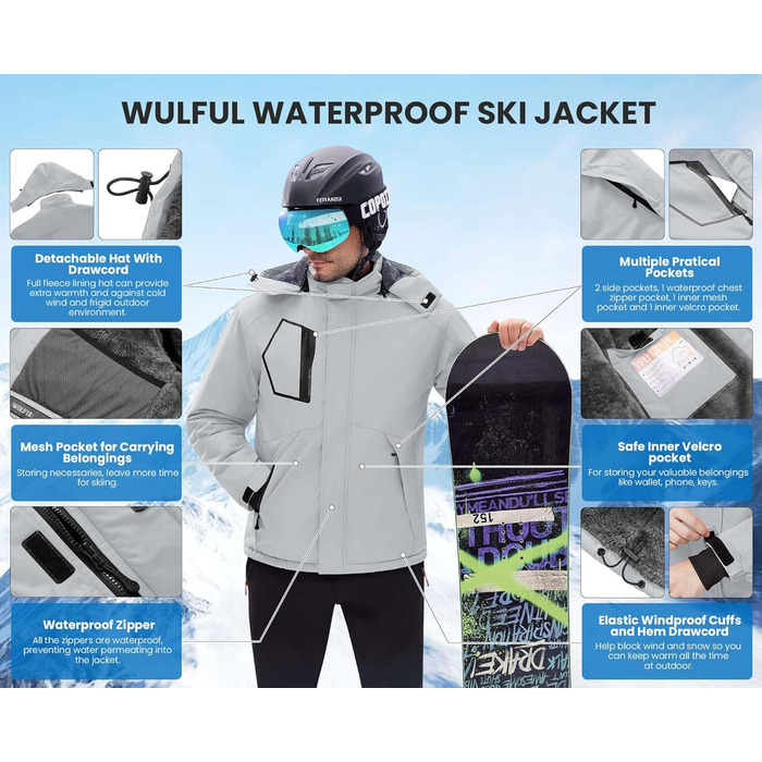 Чоловіча водонепроникна лижна куртка WUFU, тепла зимова модель, вітрозахисний Windbreaker, колір сірий (3XL)