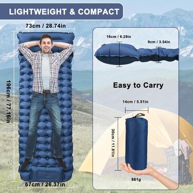 Каремат для кемпінгу Techshare самонадувний, потовщений, синій. Підходить для піших прогулянок, відпочинку на природі та кемпінгу. З насосом для накачування.