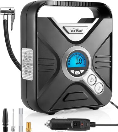 Автомобільний компресор WindGallop 12V з манометром та LED підсвіткою, насос для шин, велосипедів, баскетбольних м’ячів, басейнів та іграшок