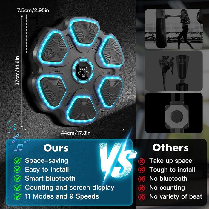 Музична боксерська машина для дорослих та дітей, настінна Bluetooth боксерська машина з музикою та боксерськими рукавичками, LED електронна боксерська машина з 11 режимами та 9 швидкостями