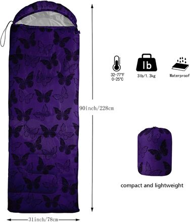 Спальний мішок HOSIMA з принтом футболу, для холодного клімату, дорослий, дитячий, водонепроникний, для кемпінгу, походів, відпочинку на природі, подорожей, полювання, компресійний мішок (метелик)