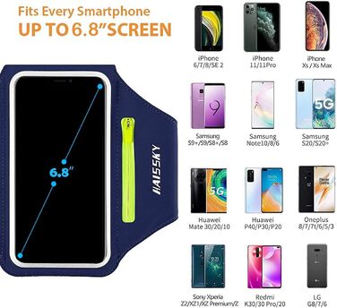 Спортивний браслет на руку для бігу з відділенням для навушників та ключей, тримач для телефону, браслет для бігу з кишенею для карт для iPhone 16 Pro Max/15 Pro/14/13 Pro/12 Plus, Marine (до 6.9 дюймів)