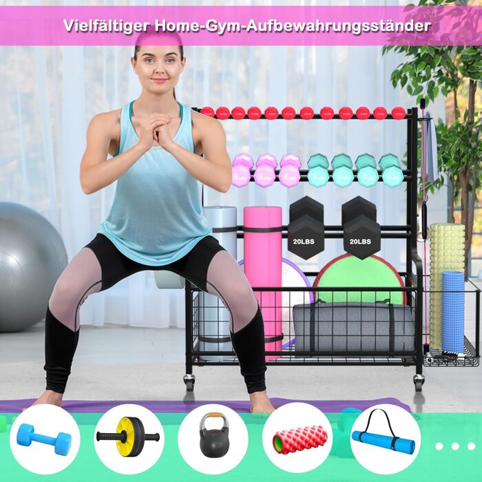 Стойка для гантелей Hantelablage – Extra Stable – з роликами та гачками для гантелей, кульок, йога-блоків та килимків – органайзер для фітнесу