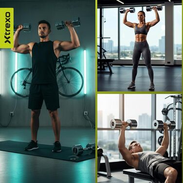 Набір гантелей XTREXO Verte Kurz – 2 шт. (2.5–12 кг) – сталеві гантелі з неслизьким грифом, міцна поверхня, довговічні – ідеальні для силових тренувань вдома та в спортзалі (хром, 2 x 12 кг)