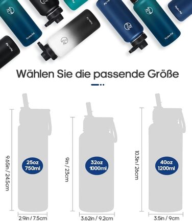 Фляга HydroPal з нержавіючої сталі - 500/750мл/1л/1.2л/1.9л, без BPA, для газованих напоїв, ізольована, з трубочкою та 2 кришками, чорна, 750 мл
