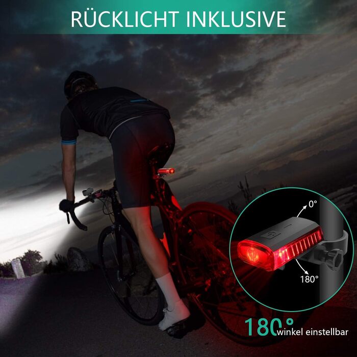 Набір LED-велофаро для велосипеда з покажчиками поворотів, сертифікований за стандартом STVZO, USB-зарядка, фара та задній ліхтар (10/20/40 Lux), водонепроникні