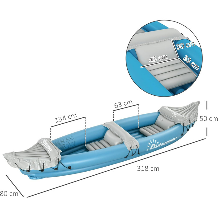 Надувне каяк Outsunny для 2 осіб: комплект з насосом, веслами, блакитний, 318 x 80 x 50 см