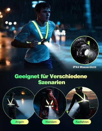 Фара для бігу Lauflampe Joggen: нагрудна ліхтар з регулюванням 45°, 500 люмен, 2 кольори, USB-C, IPX4, подвійний ремінь з відбивачами 360° для кемпінгу, велоспорту та активного відпочинку