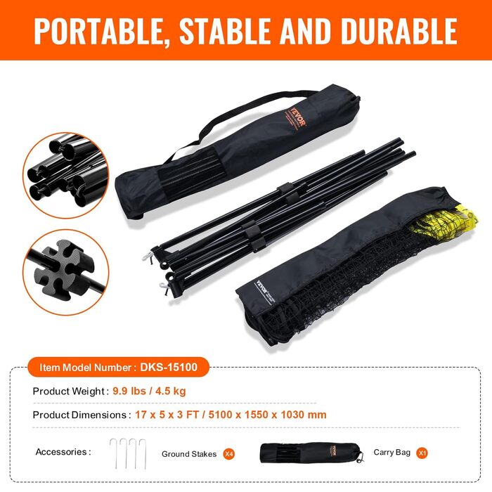 М'яка сітка для бадмінтону VEVOR, регульована по висоті, 510 x 155 x 103 см, складне поле для піклболу, портативна, легка в збірці, комплект сітки для тенісу з стійками та сумкою