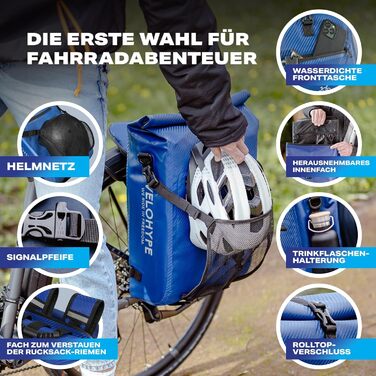 Велосумка Velohype 3-в-1 для багажника, рюкзак, водонепроникна 25 л, відбивна, з сіткою для шолома, карбон-синя, міцний матеріал Hydroguard