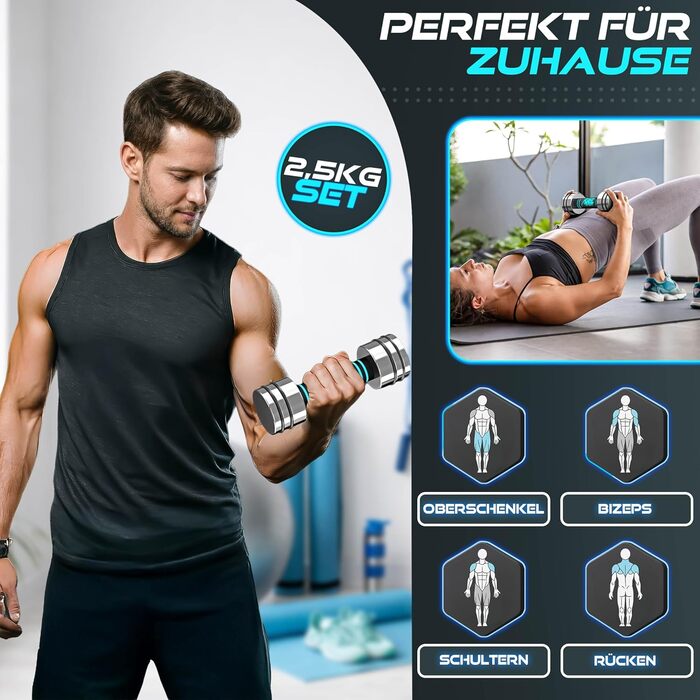 Набір гантелей 2 шт. з масивного сталі 2,5/5/7,5/10 кг | Гантелі з набором ваг та пінопластовою ручкою | Фітнес гантелі для дому, силові тренування та нарощування м'язів, блакитні (2 x 2,5 кг)