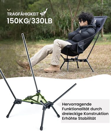 Стілець для кемпінгу OneTigris TIGERBLADE з високою спинкою, 170 кг, складаний, легкий, з трикутним каркасом, для риболовлі з 2 кишенями, для відпочинку на природі, піших прогулянок (сірий)